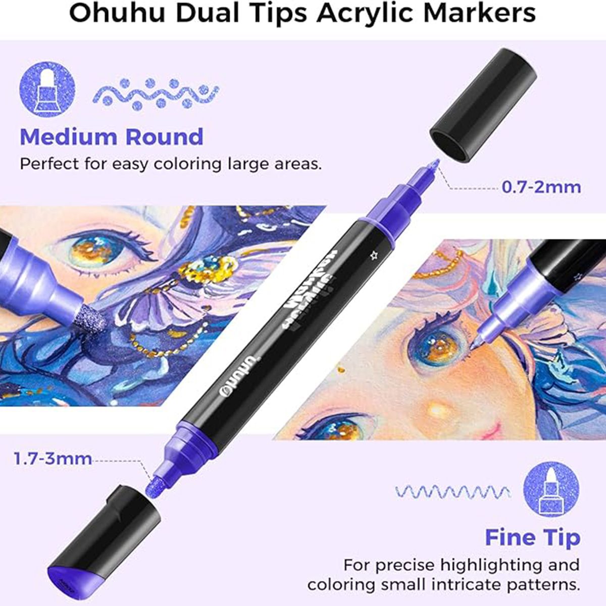 Ohuhu Σετ 30 Ανεξίτηλων Ακρυλικών Μαρκαδόρων Διπλής Μύτης - Μεταλλικά Χρώματα