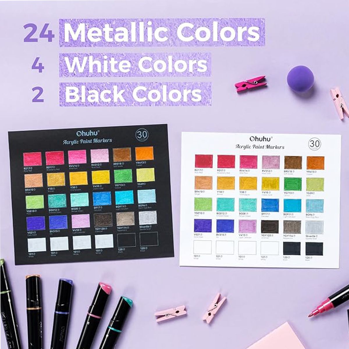 Ohuhu Σετ 30 Ανεξίτηλων Ακρυλικών Μαρκαδόρων Διπλής Μύτης - Μεταλλικά Χρώματα