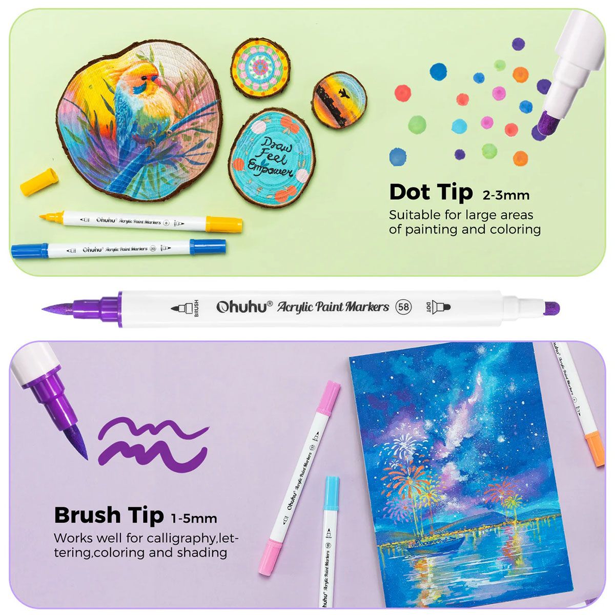 Ohuhu Acrylic Paint Markers Cotton-core Σετ 36 Ακρυλικών Μαρκαδόρων Brush &amp; Dot