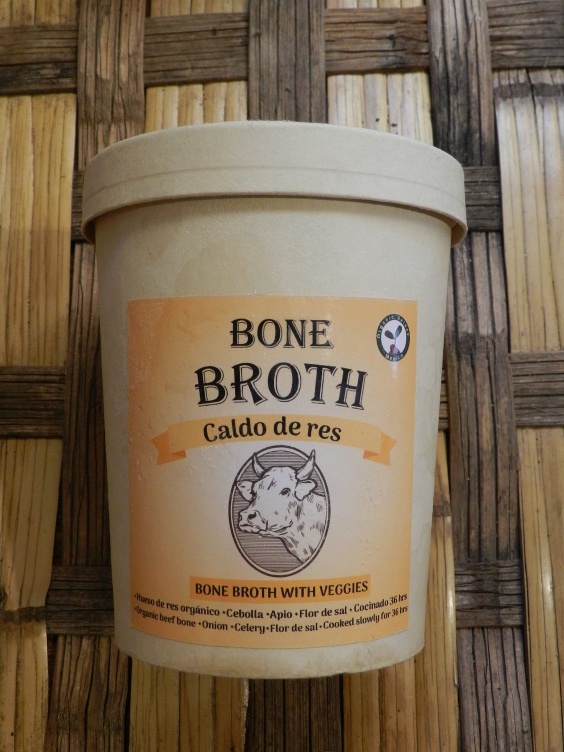 Organic free ranged beef broth, simmered for 36 hours with onions, carrots and a bit of garlic. 