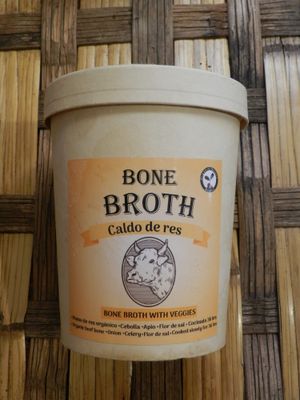 Organic free ranged beef broth, simmered for 36 hours with onions, carrots and a bit of garlic. 