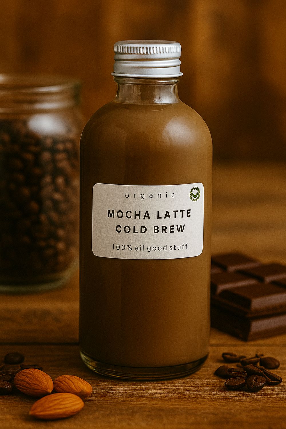 Bottle of Mocha Latte Cold Brew with chocolate bars, coffee beans, and almonds