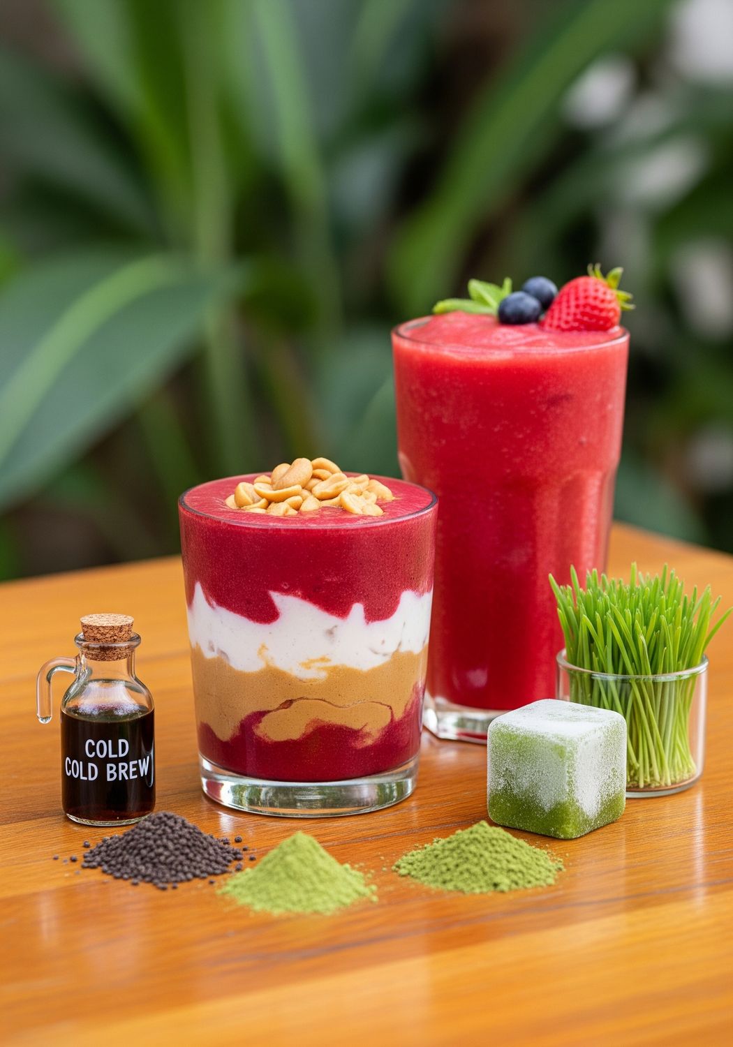 Red Berries and Peanut Butter Smoothie , Cold Brew, Frozen Wheat Grass, Morinda and Matcha