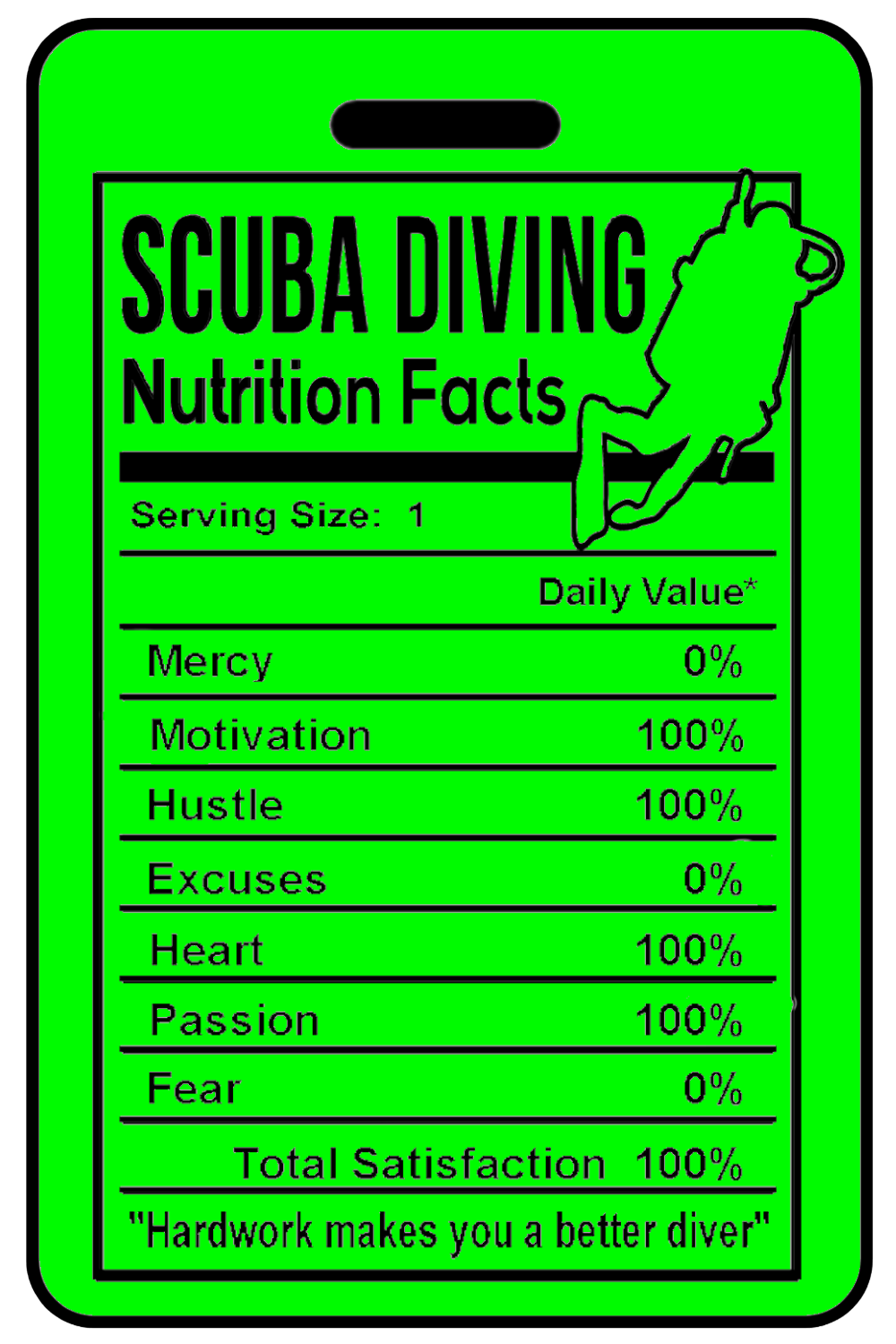 Hi-Viz SCUBA Diving Nutrition Facts, Tag Color: Hi-Viz Green
