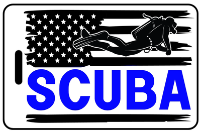 US Flag with Diver and SCUBA personalized SCUBA diving bag tags