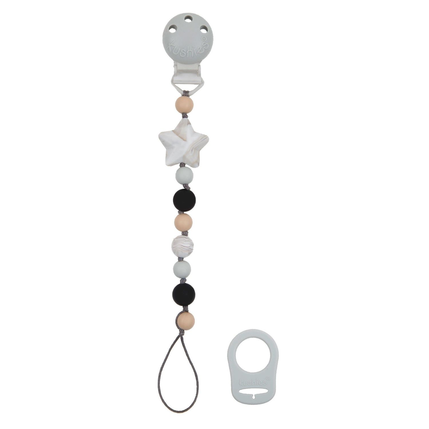 Kushies Silibeads Pacifier Clip, Color: Grey Star