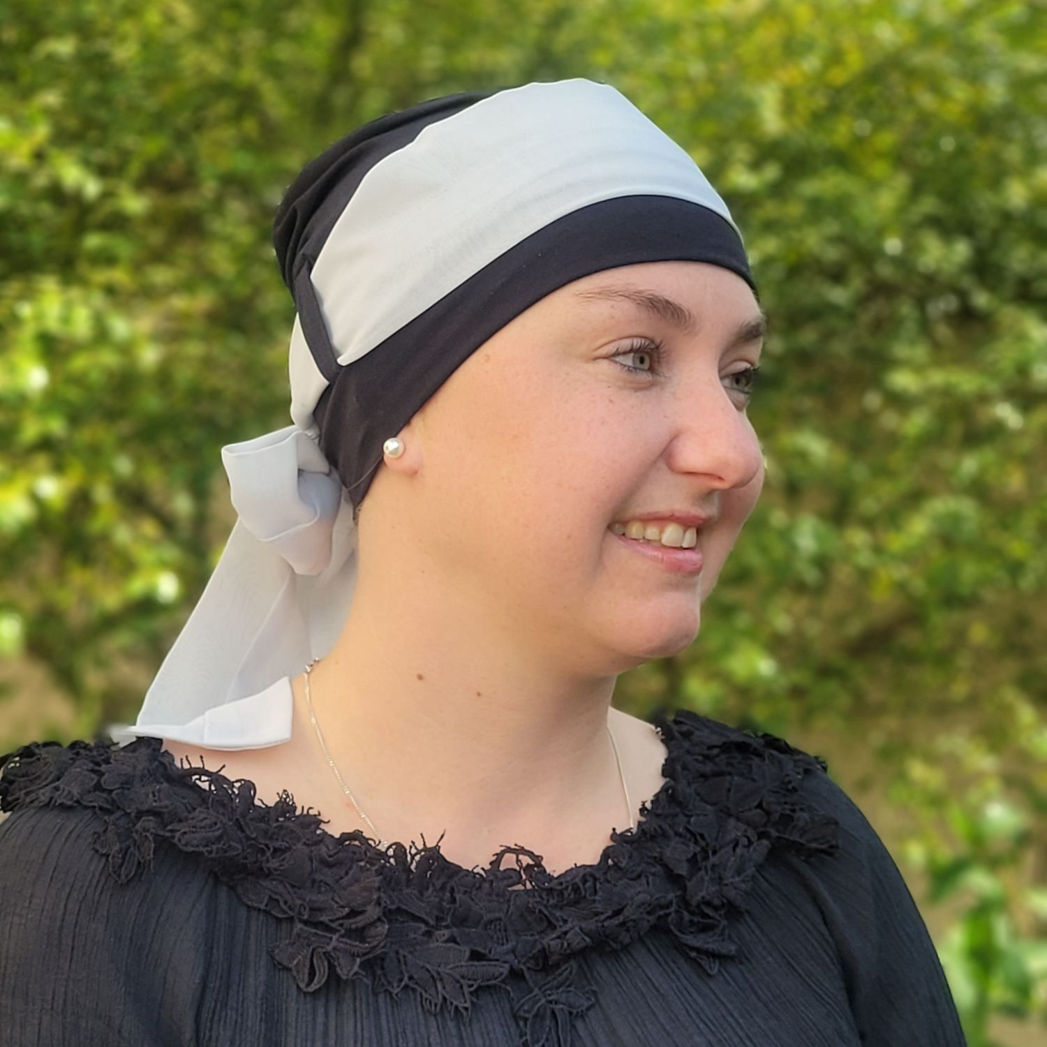 Carey chemo Hat - Black with Soft Grey Ribbon