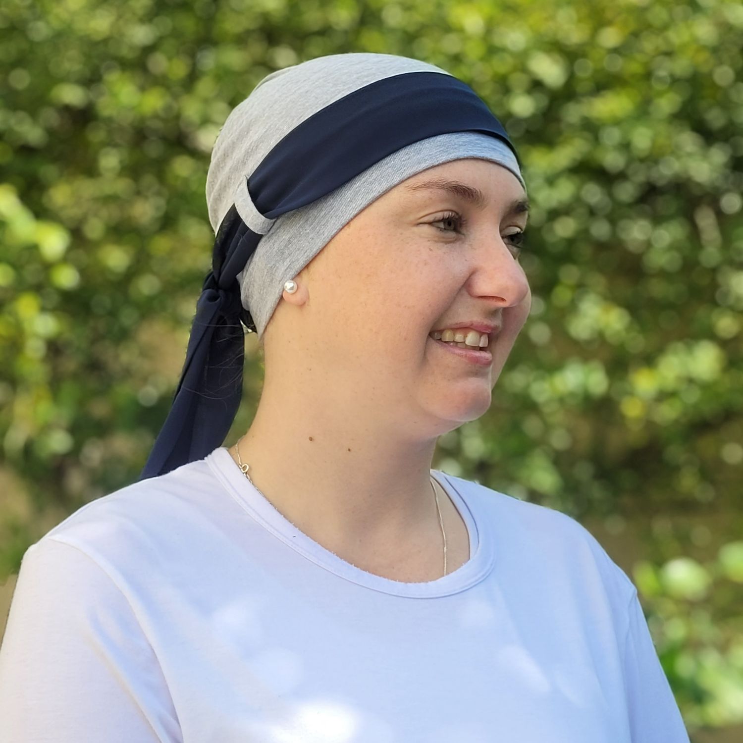 Carey Chemo Hat  - Grey with Navy Ribbon