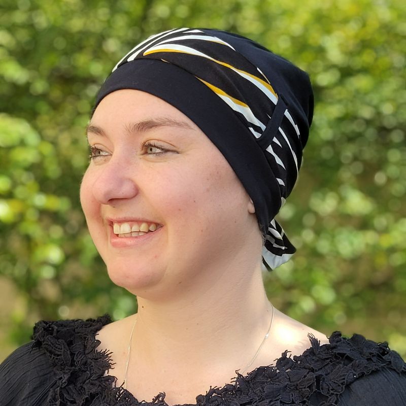 Carey Chemo Hat - Black with Zebra stripes Ribbon