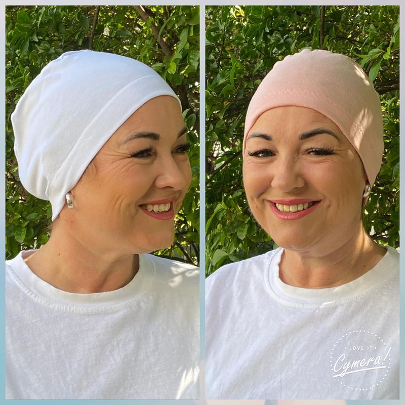Chemo sleep hat peach and white