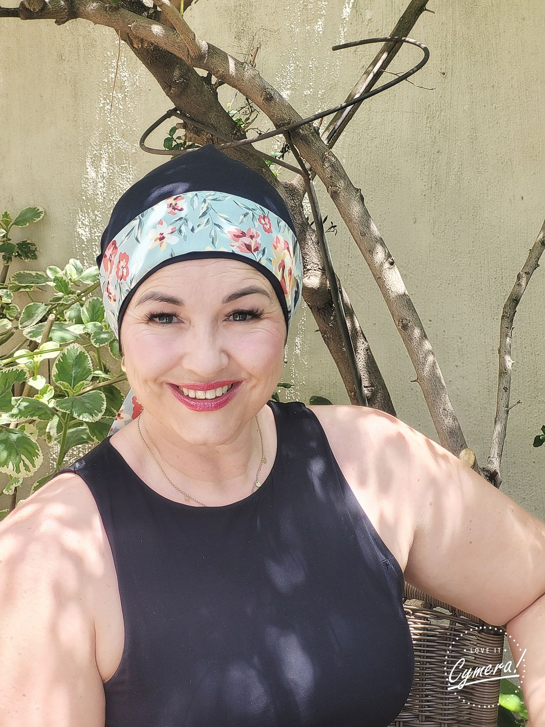 Carey - Black chemo hat with light blue ribbon