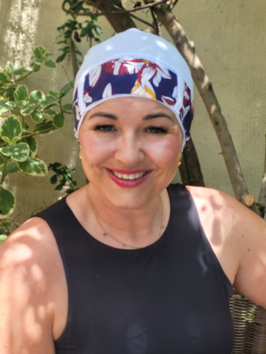 Carey Chemo Hat -White with Navy floral Ribbon