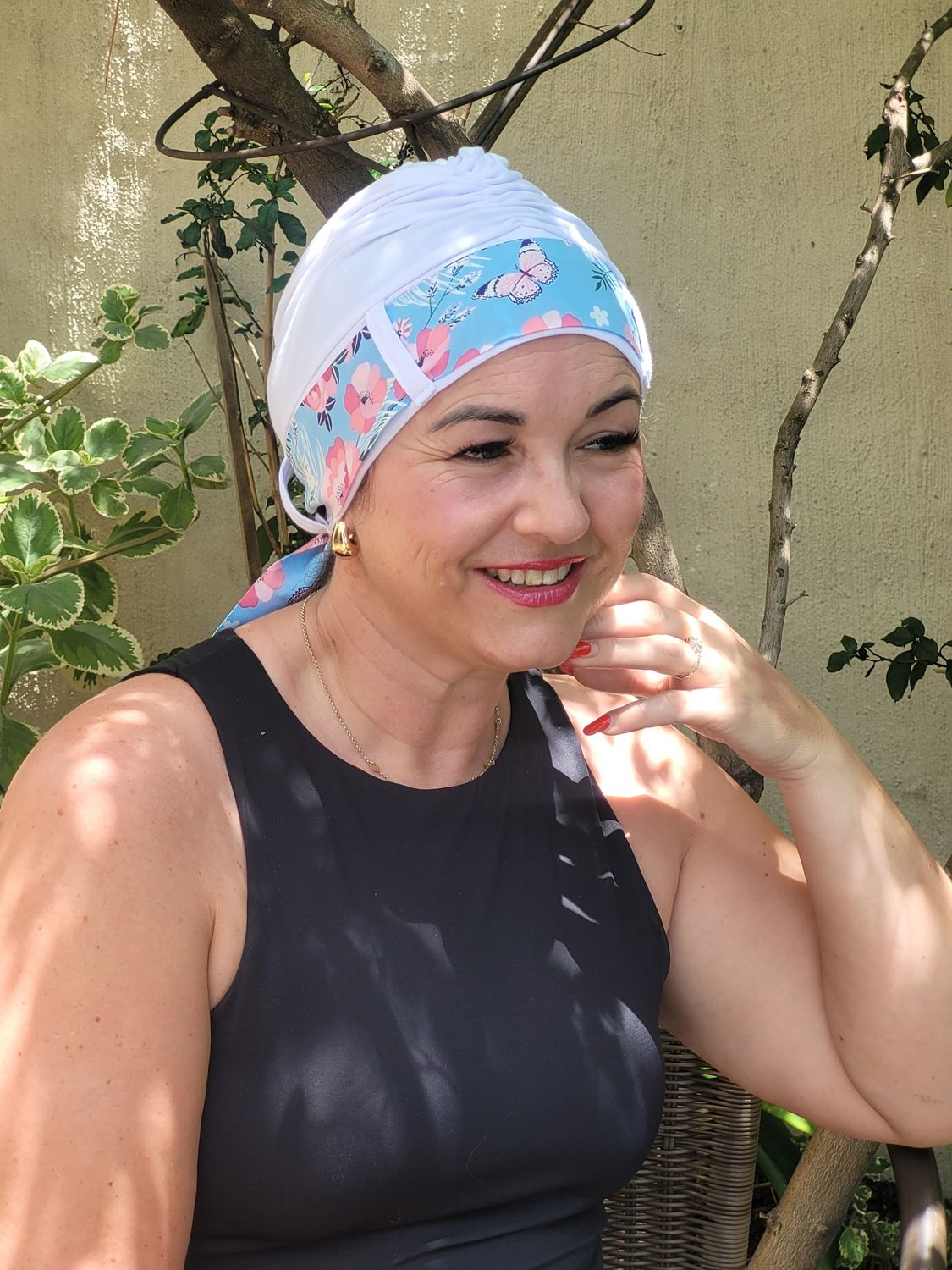 Carey  Chemo White hat with butterflies and flower Ribbon