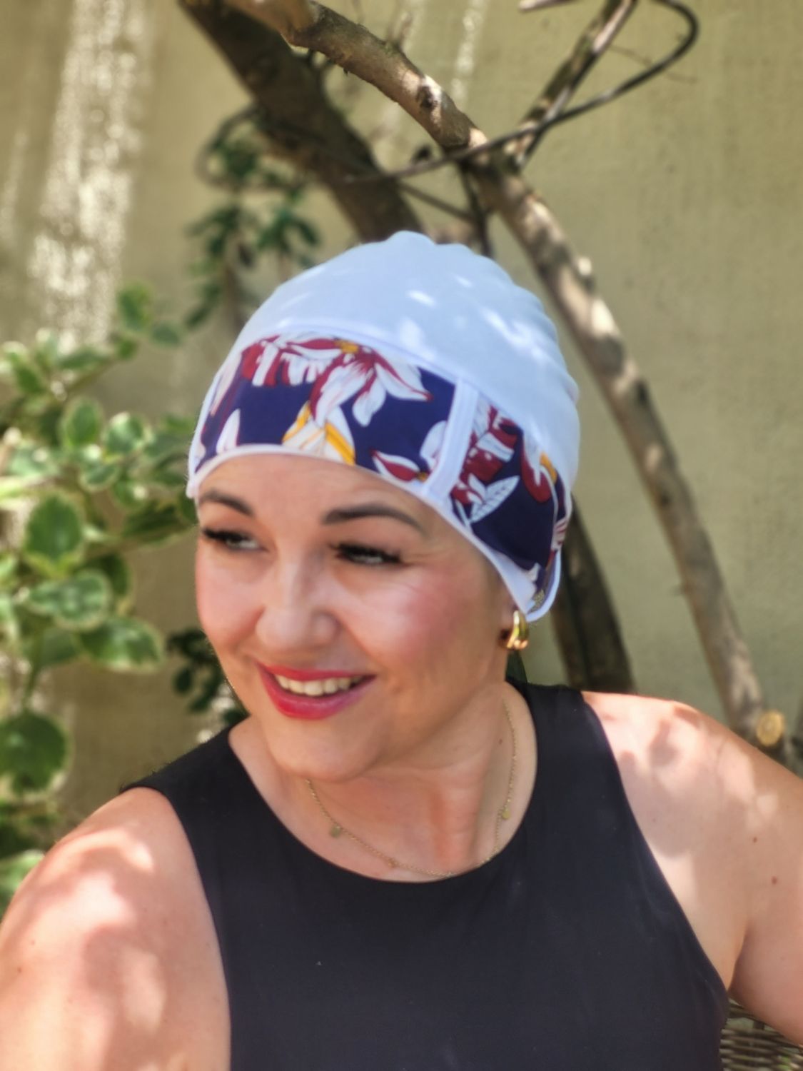 Carey Chemo Hat -White with Navy floral Ribbon