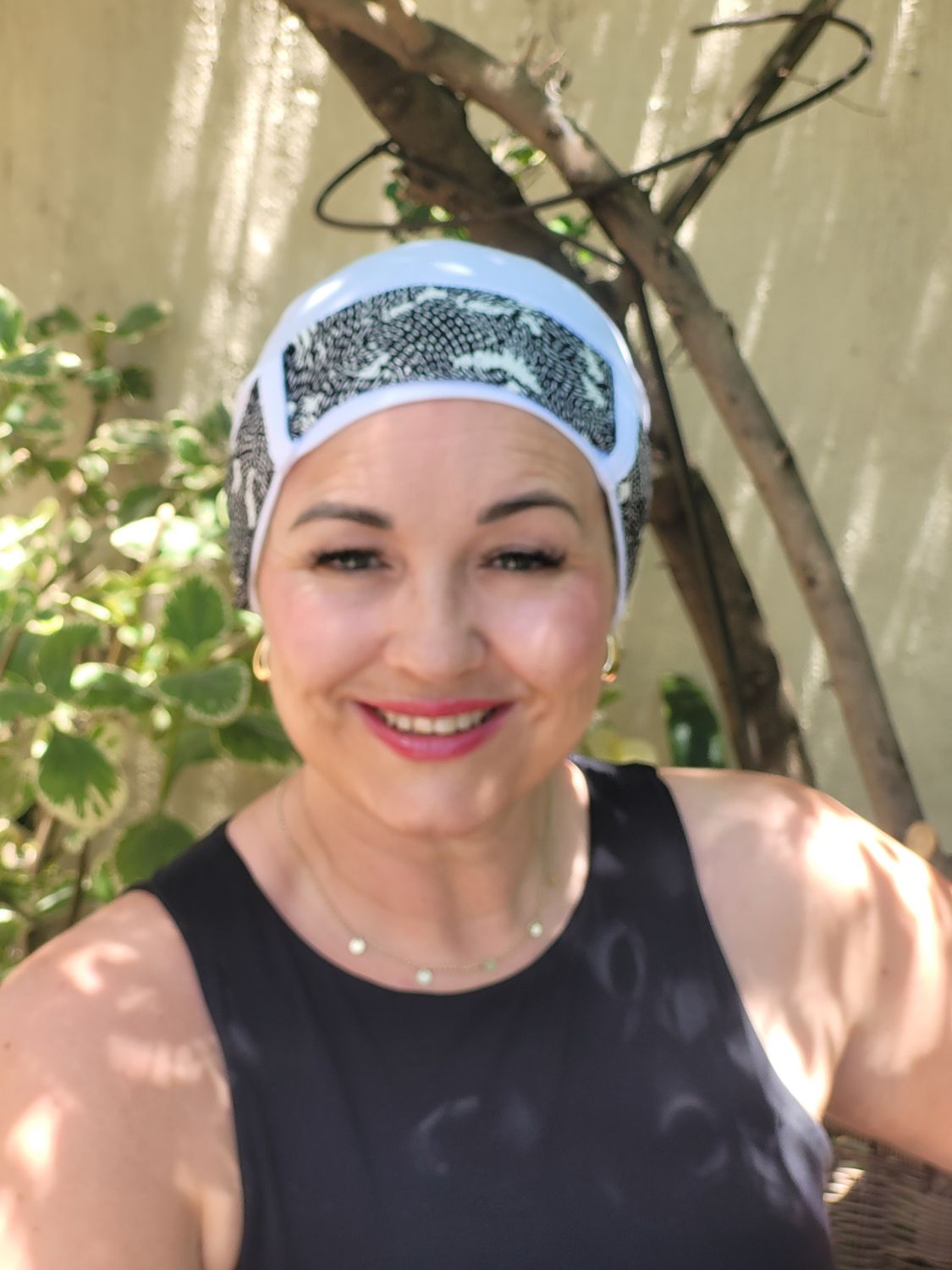 Carey Chemo Hat - White with black and white Ribbon