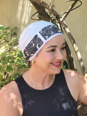 Carey Chemo Hat - White with black and white Ribbon