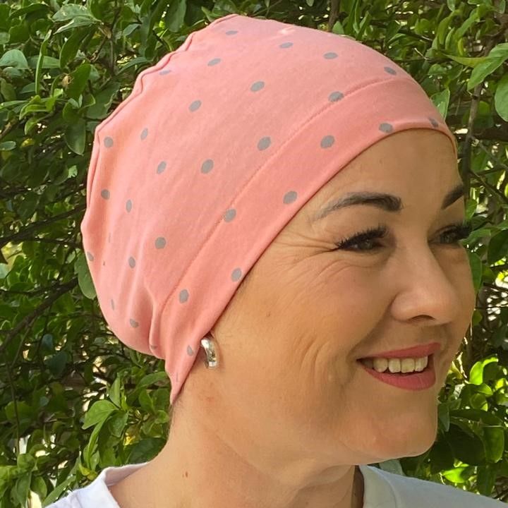 Sleep Hat Peach with tiny Grey Dots