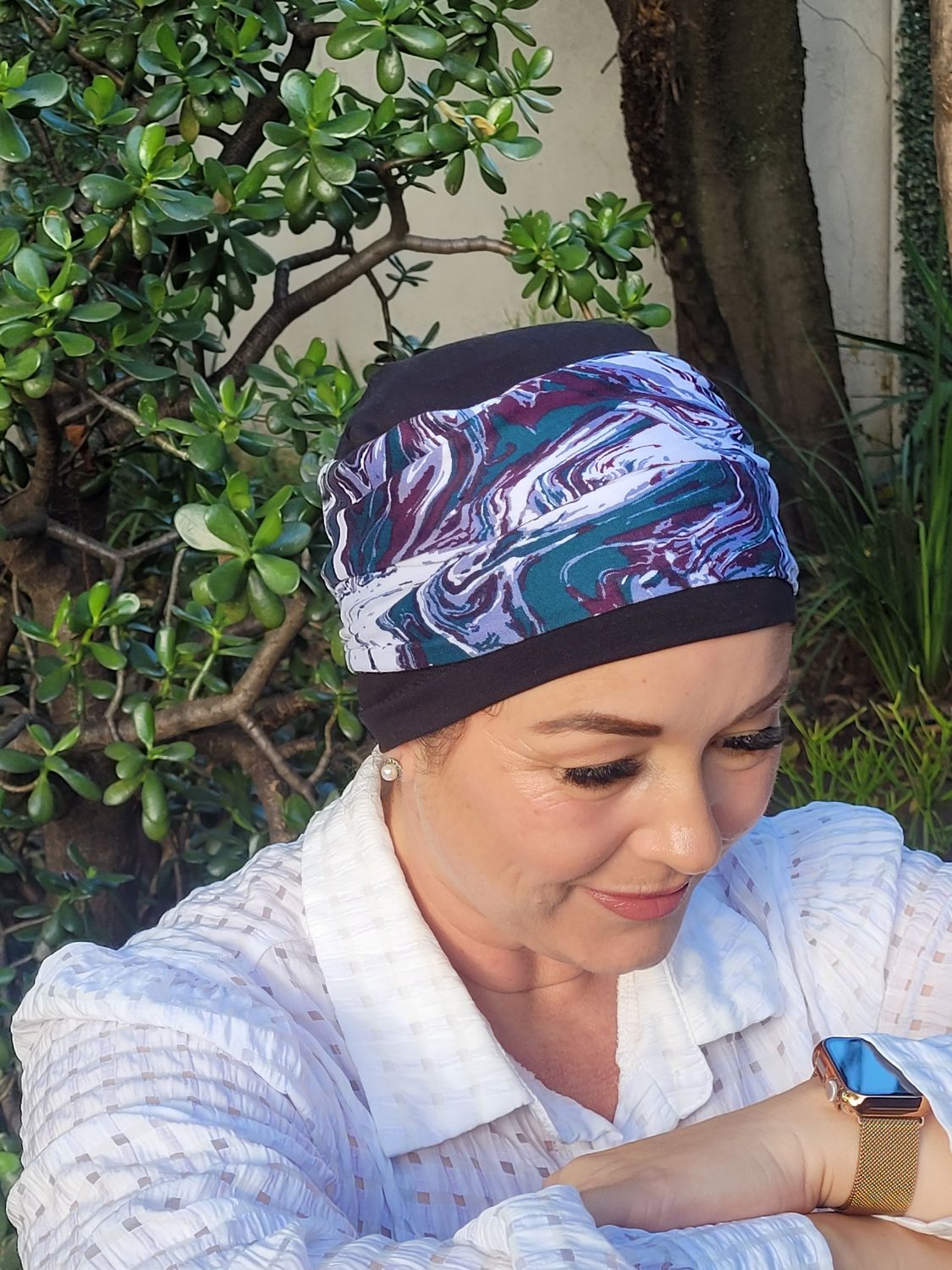 Black hat with Teal Marble head band