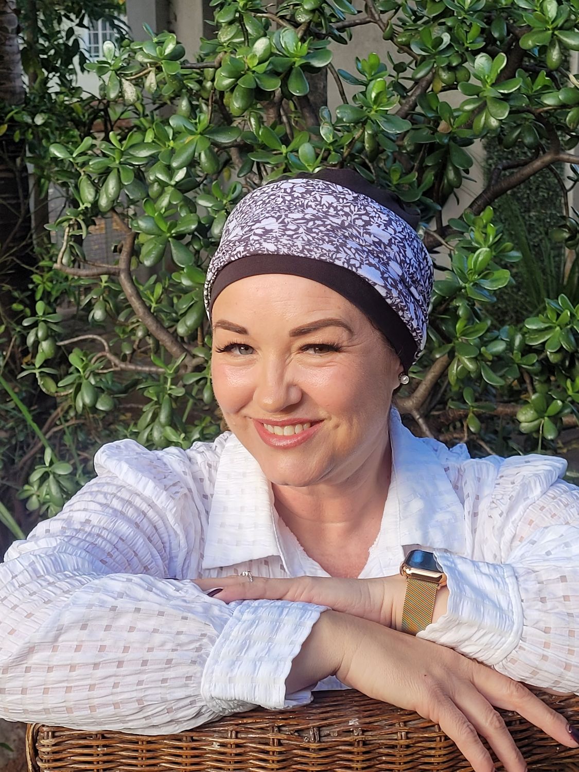 Chocolate chemo hat, 3 in 1 with dainty floral headband
