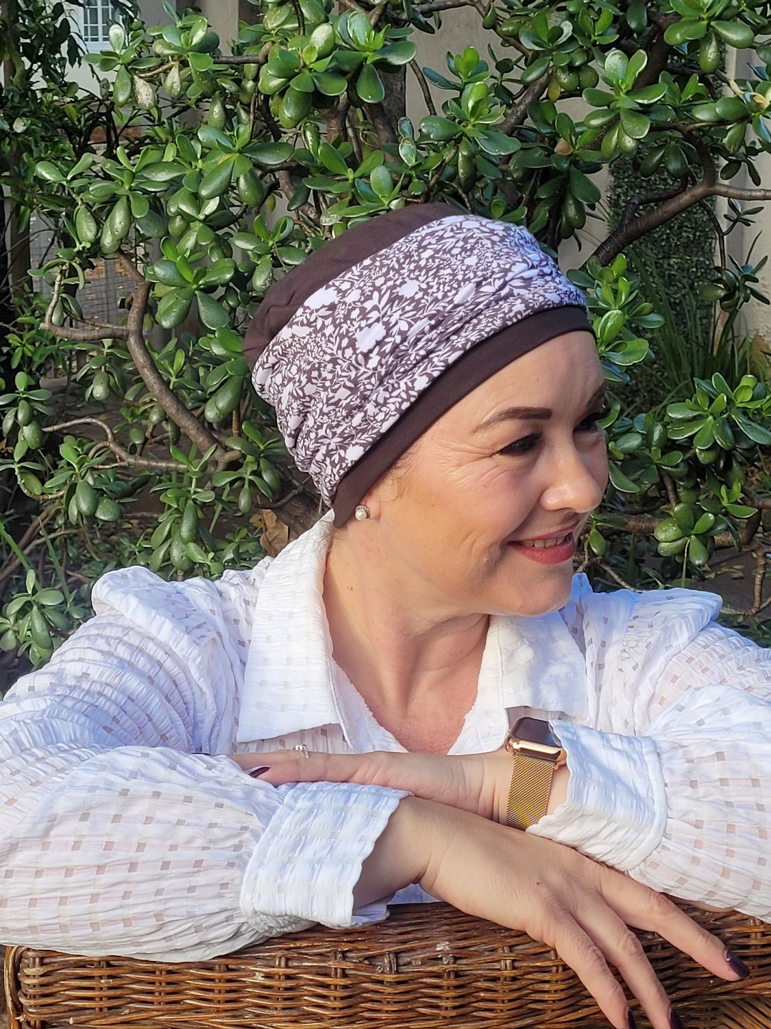 Chocolate chemo hat, 3 in 1 with dainty floral headband