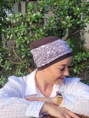 Chocolate chemo hat, 3 in 1 with dainty floral headband