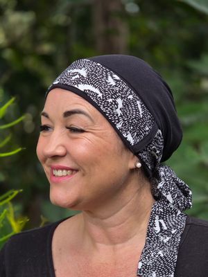 Carey Chemo Hat - Black with Black and white Ribbon