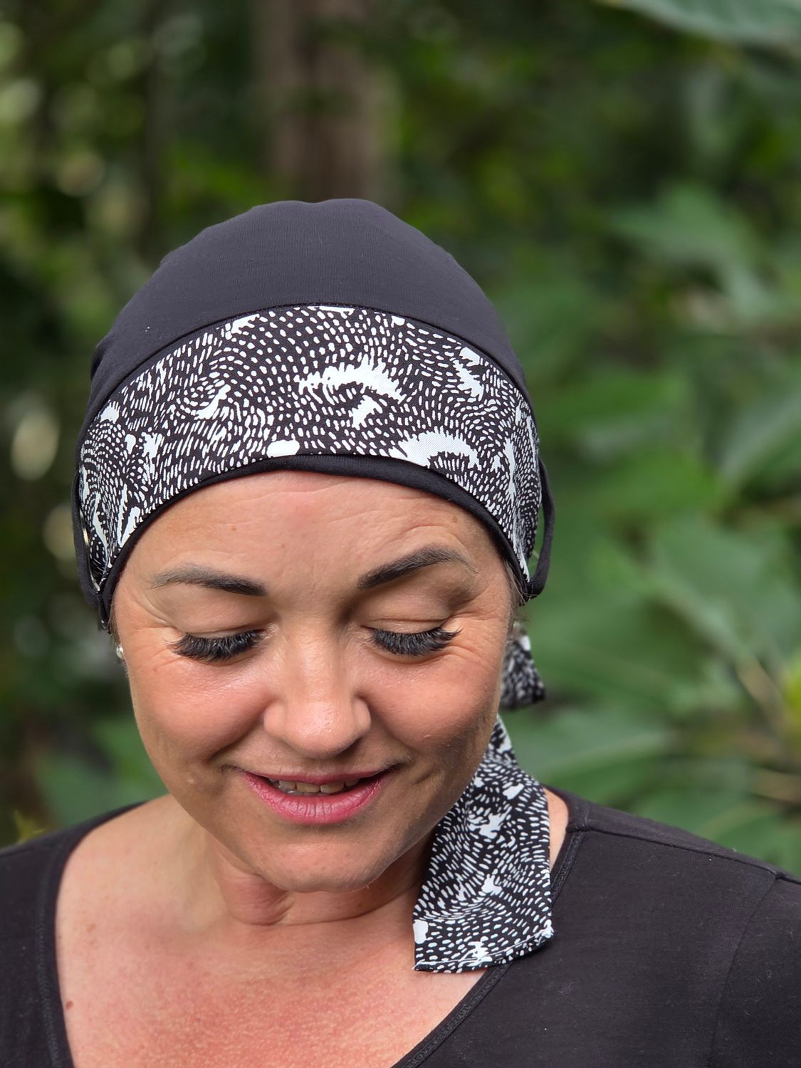Carey Chemo Hat - Black with Black and white Ribbon