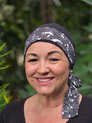 Carey Chemo Hat - Black with Black and white Ribbon