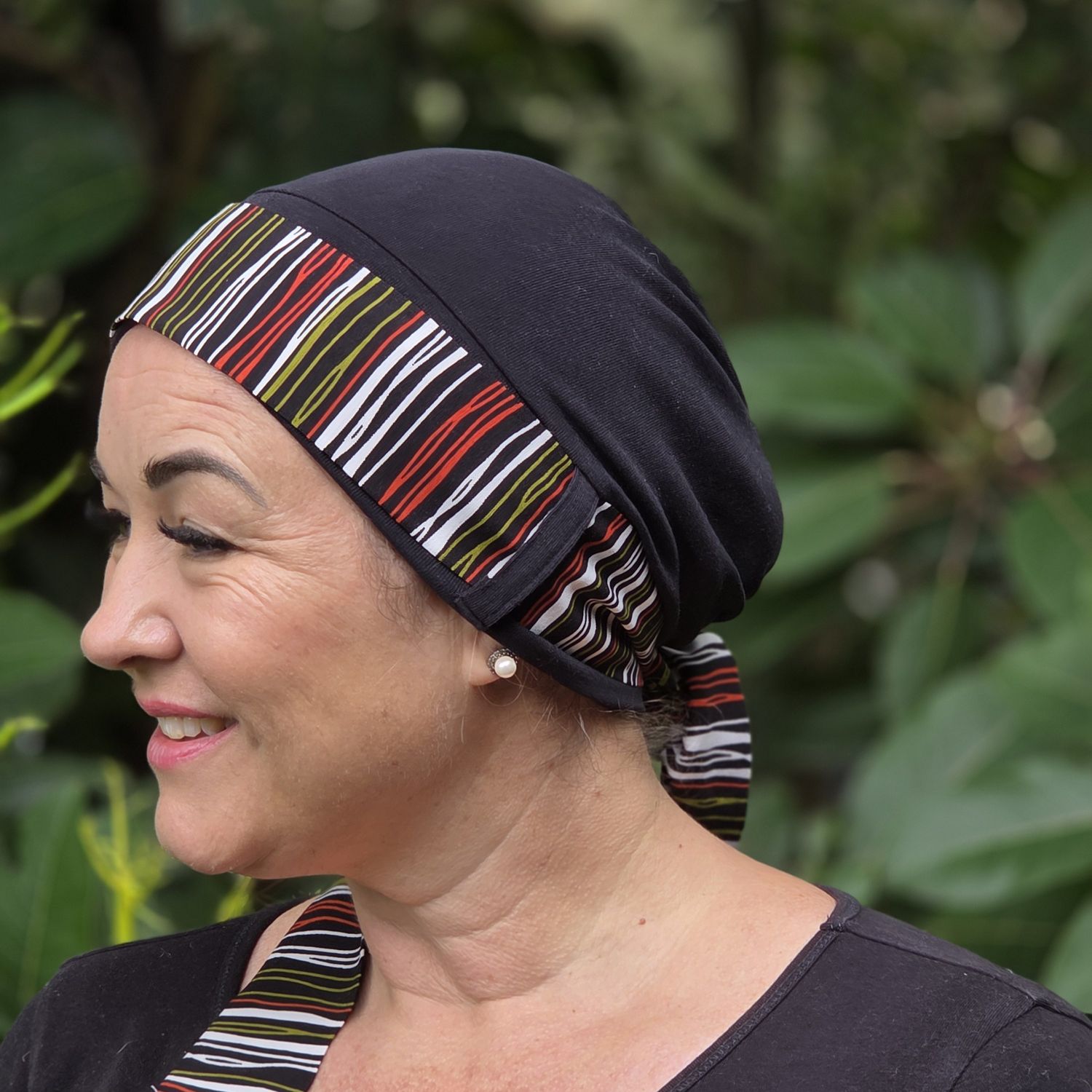 Carey Chemo Hat - Black with striped Ribbon