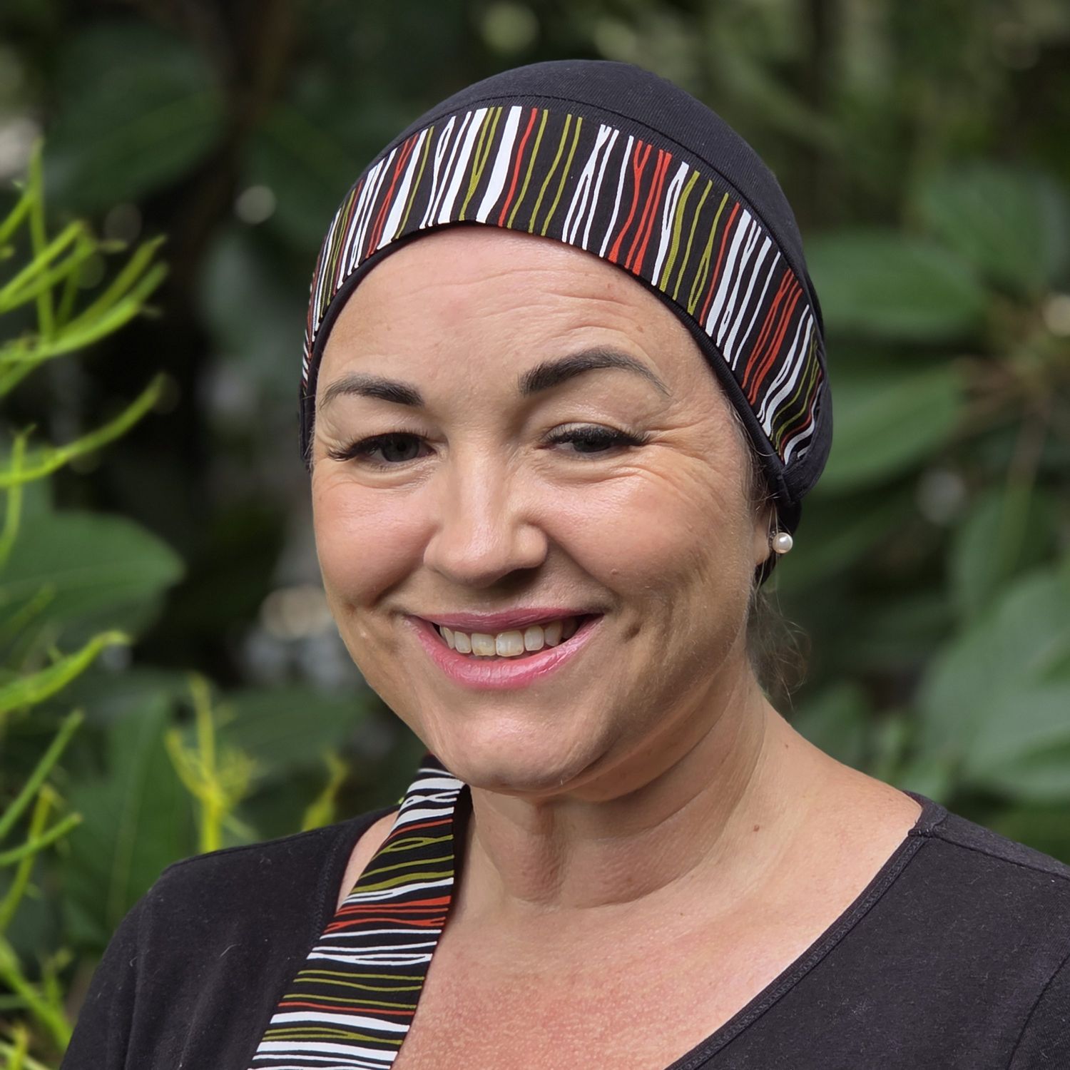 Carey Chemo Hat - Black with striped Ribbon