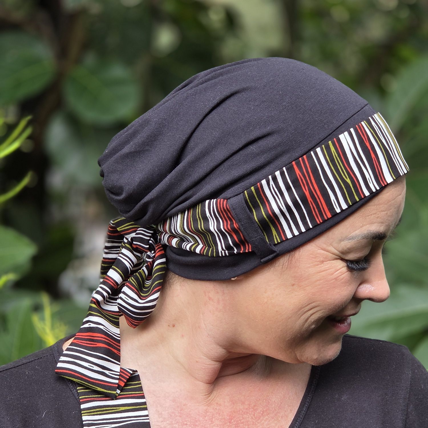 Carey Chemo Hat - Black with striped Ribbon