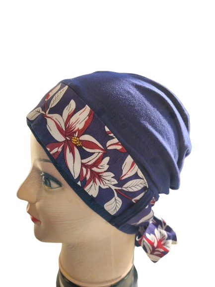 Carey Chemo Hat - Navy with navy floral Ribbon