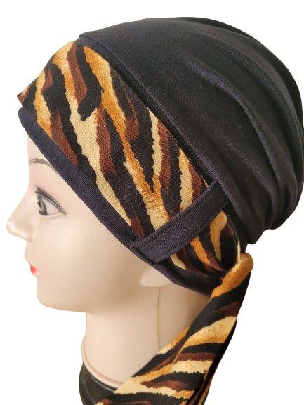 Carey Chemo Hat Brown with print Ribbon