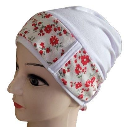 Carey Chemo Hat White with red flower Ribbon