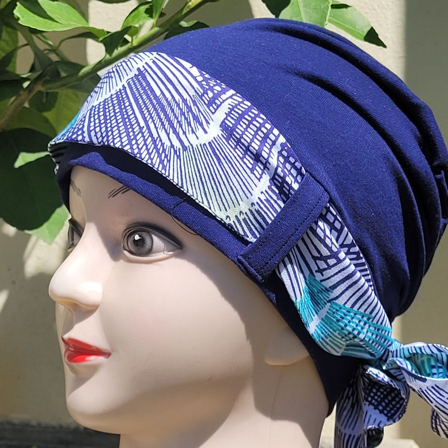 Carey Chemo Hat  - Navy with removable Navy printed Ribbon