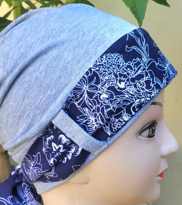 Carey Chemo Hat  - Grey with Navy  ribbon
