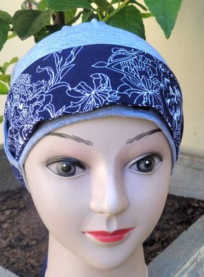 Carey Chemo Hat  - Grey with Navy  ribbon