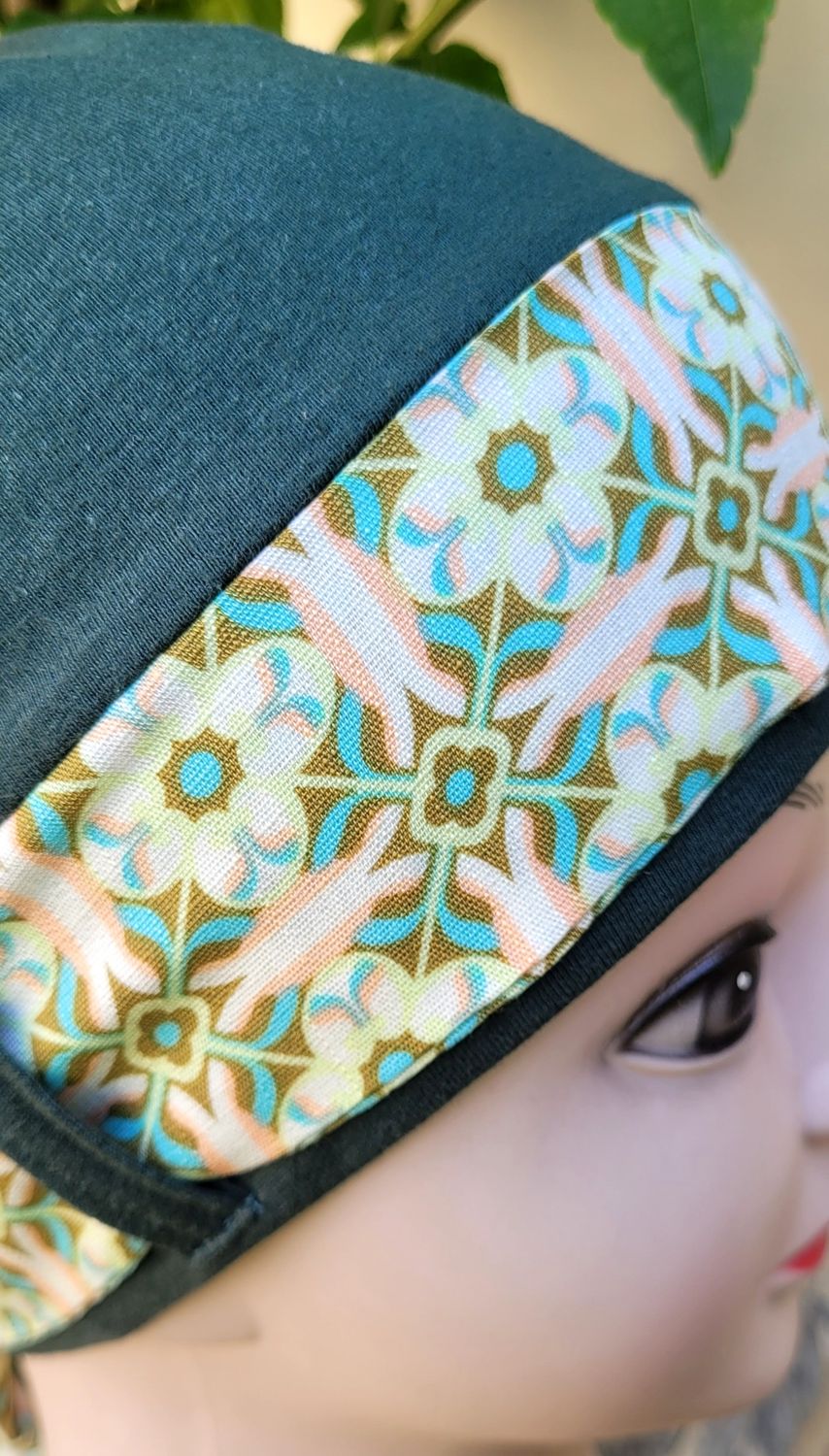 Carey  Chemo hat - Olive with matching removable Ribbon 