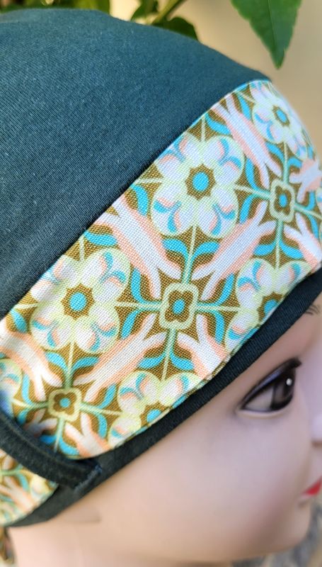 Carey  Chemo hat - Olive with matching removable Ribbon 