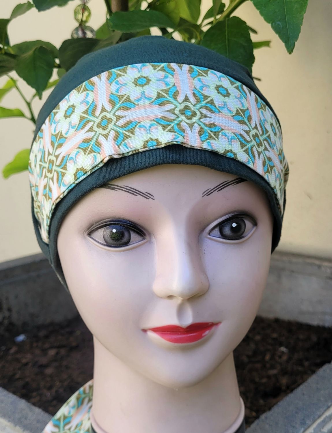 Carey  Chemo hat - Olive with matching removable Ribbon 