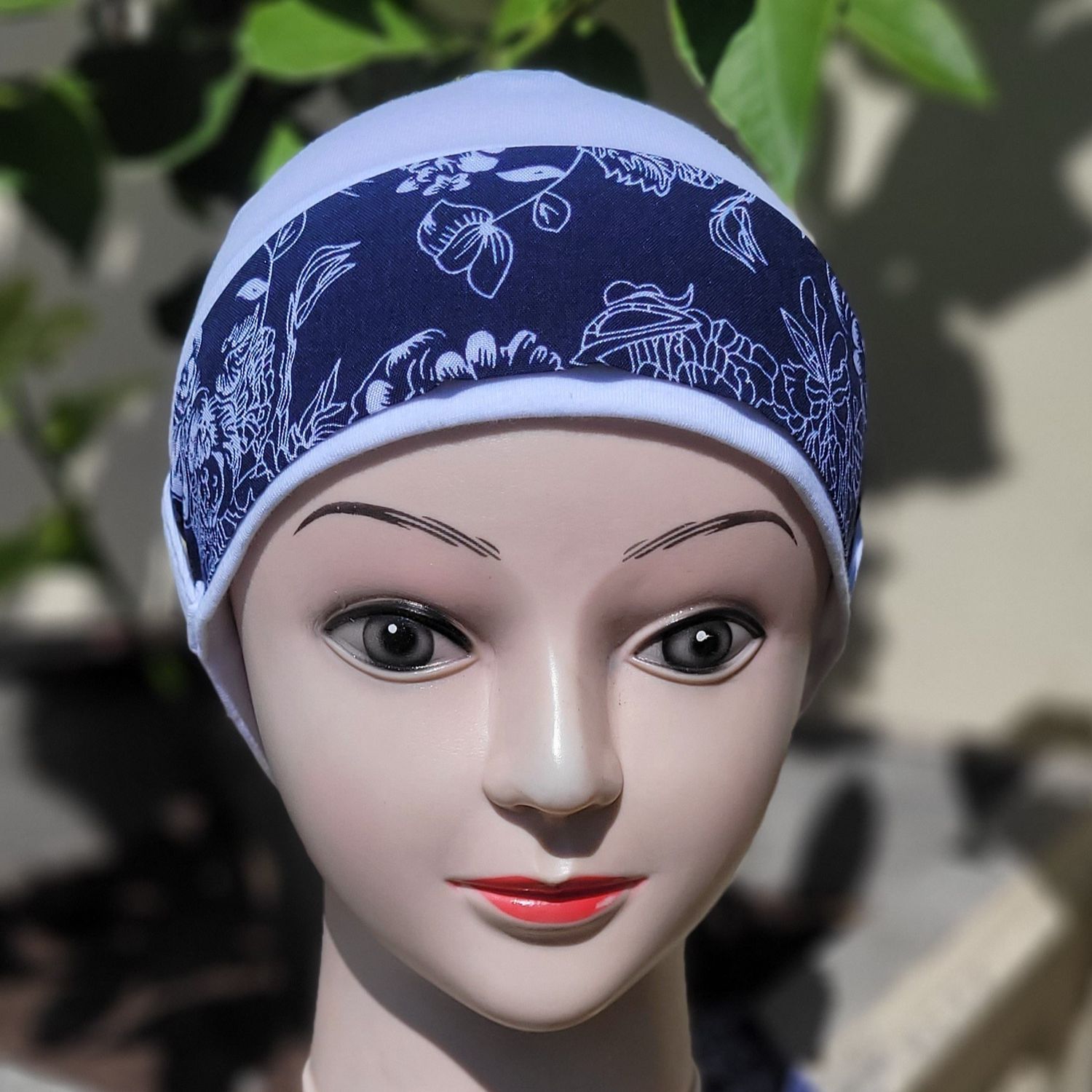 Carey Chemo Hat - White - Navy and white ribbon