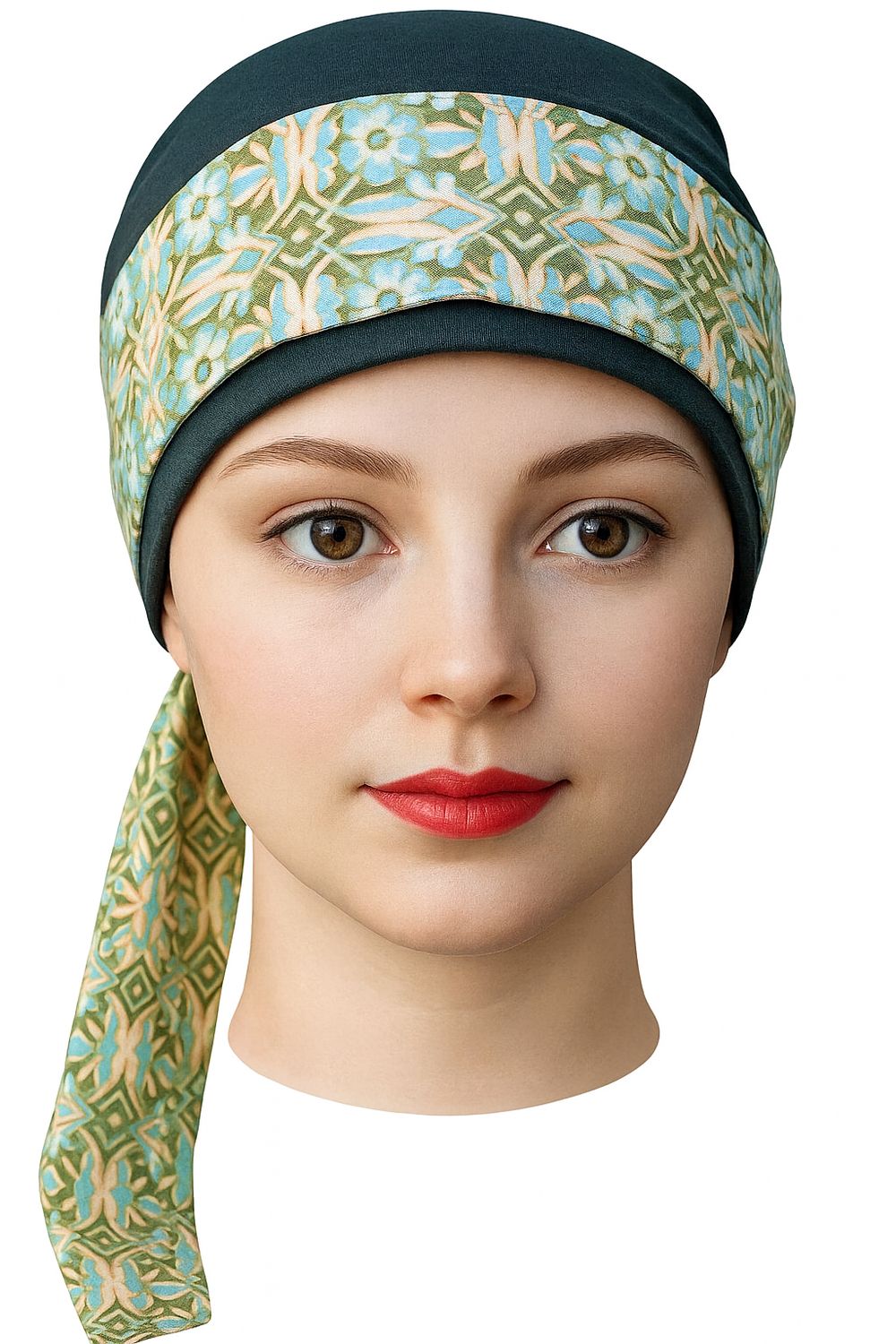 Carey  Chemo hat - Olive with matching removable Ribbon 