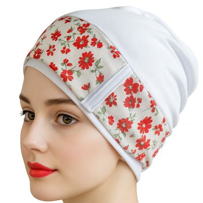 Carey Chemo Hat White with red flower Ribbon
