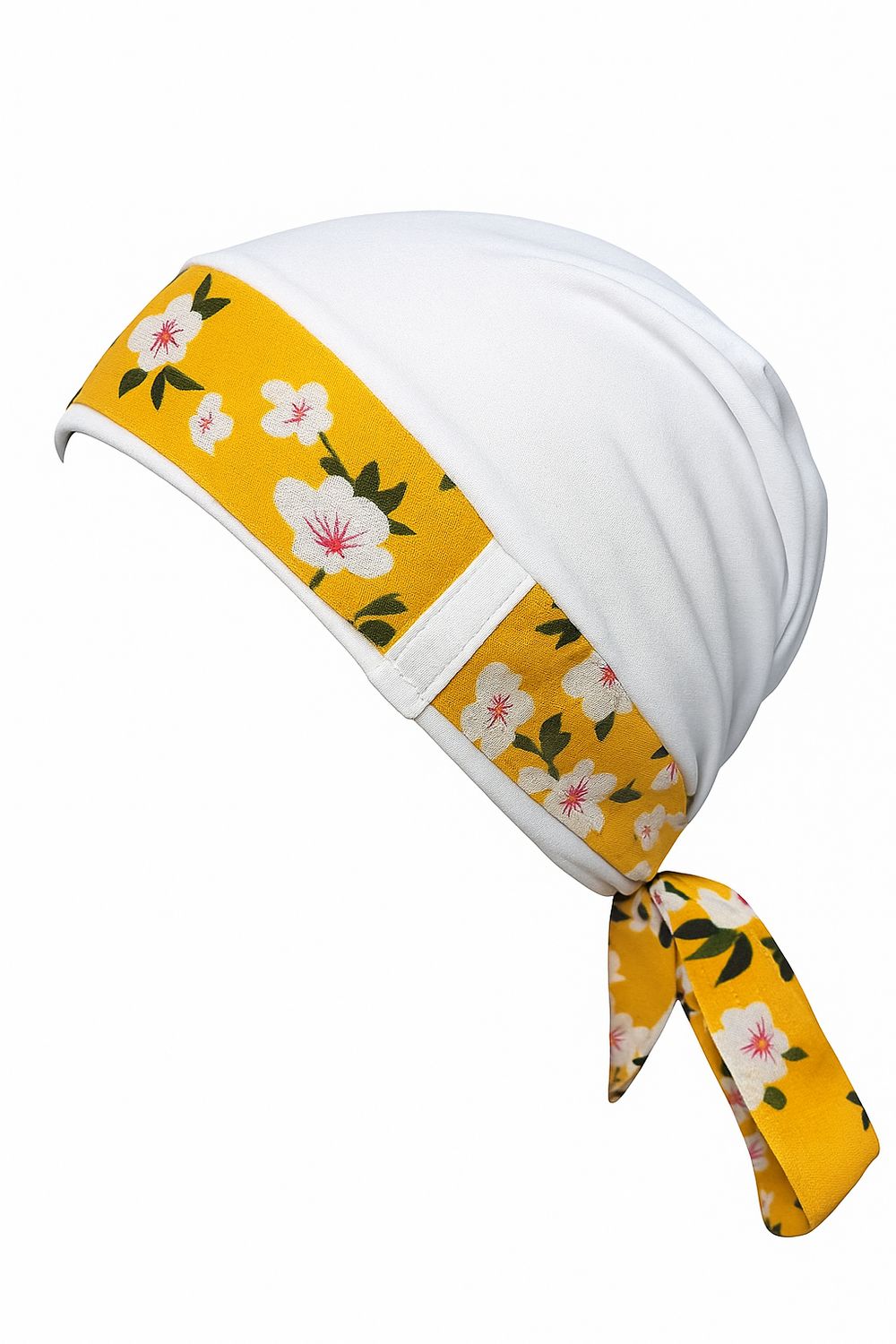 Carey Chemo Headwear - white hat with yellow removable Ribbon