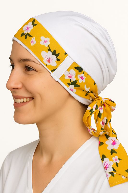 Carey Chemo Headwear - white hat with yellow removable Ribbon