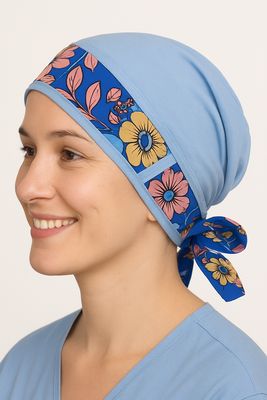 Carey Chemo Hat Blue with matching Ribbon