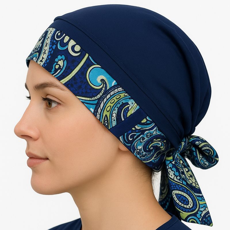 Carey chemo hat - Navy - Navy Paisley Ribbon