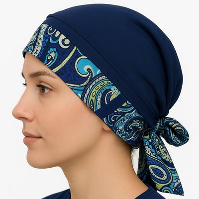 Carey chemo hat - Navy - Navy Paisley Ribbon