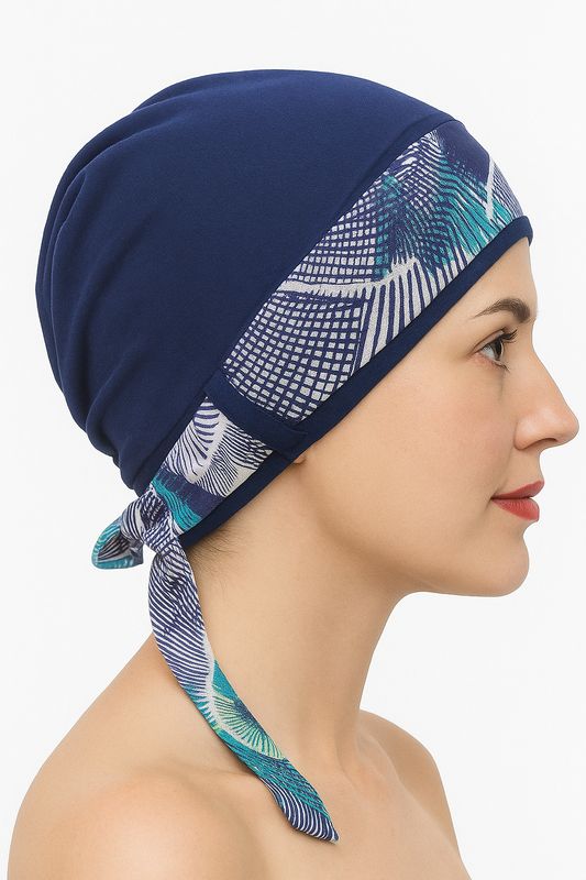 Carey Chemo Hat  - Navy with removable Navy swivel Ribbon