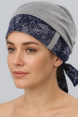 Carey Chemo Hat - Grey with Navy ribbon